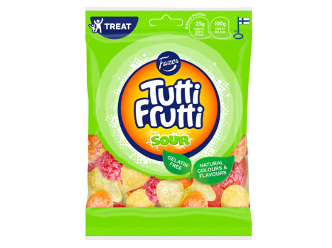 Fazer Tutti Frutti sur, 21x180g, Tutti Frutti mit einem lieblich-säuerlichen Überzug aus Zucker und Zitronensäure.