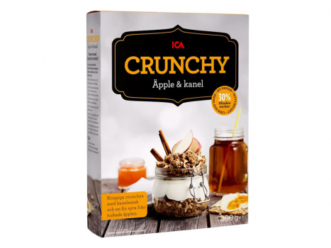 ICA Crunchy Äpple & Kanel 800g, ICA Crunchy Apple & Kanel sind knusprige Hafer- und Weizenflocken, aromatisiert mit Kokosflocken, Apfel und Zimt.