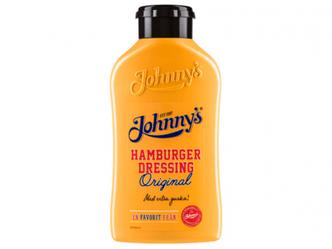 Johnny’s hamburgerdressing original 435g, Einladende gelbe Farbe mit klarem Rotton von Tomaten.
