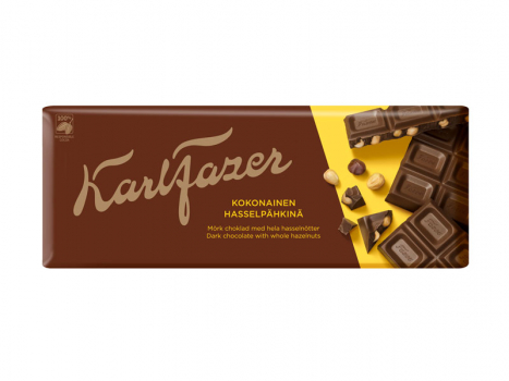 Karl Fazer Dark Whole Hazelnuts, 19x200g, Karl Fazer Dark Whole Hazelnuts​ ist eine köstliche Milchschokolade und eine raffinierte Kombination aus ganzen Haselnüssen und dunkler Schokolade.