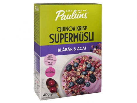 Pauluns Supermüsli Blåbär & Acai 400g, Gutes Essen ist ein solches, wenn es sowohl gut schmeckt, als auch gut für den Körper ist.