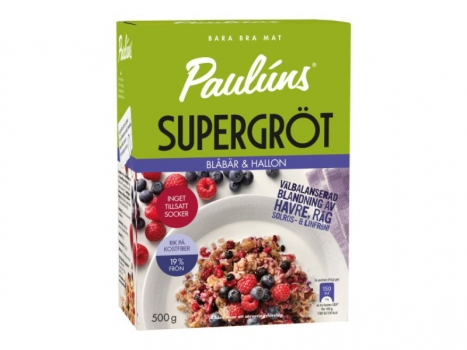 Pauluns Supergröt Blåbär och hallon 500g, Paulúns Supergröt ist eine fertige Brei-Mischung ohne Zuckerzusatz.