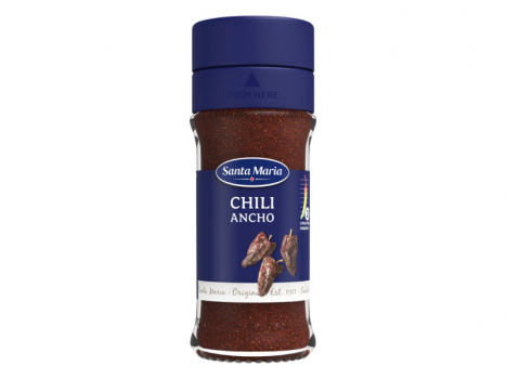 Santa Maria Chilipepper Ancho 35g, Ein Chilipfffer mittlerer Stärke, gut geeignet, um den Geschmack von Saucen, Eintöpfe und Marinaden zu verbessern.
