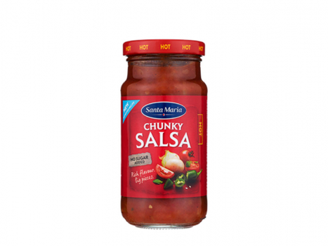 Santa Maria Chunky Salsa Hot 230g, Eine scharfe mexikanische Sauce mit Stücken von Tomaten, Chili, Jalapeno und Zwiebeln.