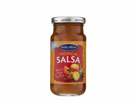 Santa Maria Tropical Salsa 230g, Eine exotische, süße Salsa-Sauce mit Stücken von Mango, Ananas und Papaya.