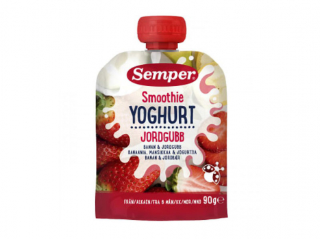 Semper Yogo Jordgubb 6 månader 90g, Smoothie Yogo Strawberry von Semper besteht zu 80 % aus Früchten und zu 20 % aus Joghurt.