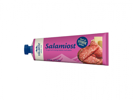 Fjällbrynt Salamiost 250g, Schmelzkäse mit einer schmackhaften, etwas pfeffrigen Salami.