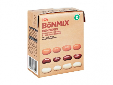 ICA Bönmix, 380g, Knackige, Bohnenmix aus Borlotti-, Kidney und Cannellinibohnen.