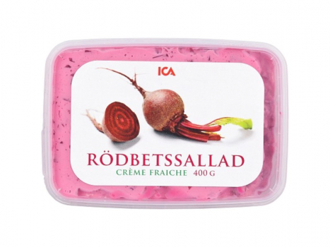 ICA Rödbetssallad, 400g, Rote Beete-Salat, wird zu vielen Speisen als Beilage gereicht, auch als Brotaufstrich verwendbar, mild.