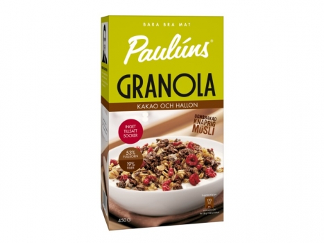 Pauluns Granola Kakao och hallon 450g, Ein im Ofen gebackenes, knuspriges Müsli voller Fasern und Vollkornprodukte.