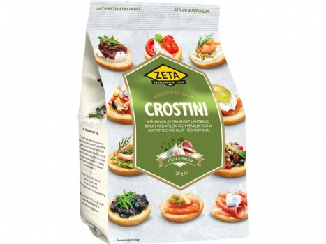 Zeta Crostini Vitlök och Persilja 120g, Kleine, dünne Scheiben geröstetes, italienisches Brot.
