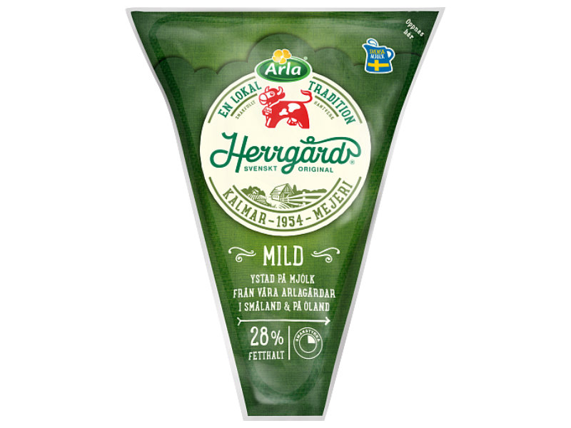 Arla Ko Herrgård 28% mild 667g, Es ist ein klassischer große runder Käse mit runden Löschern der gewachst ist.