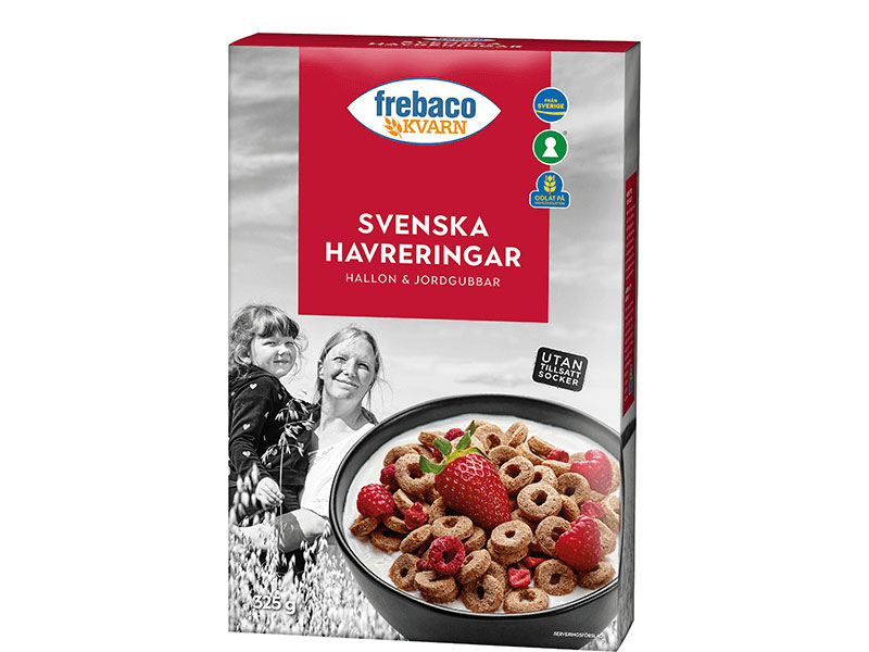 Frebaco Svenska Havreringar Hallon & Jordgubbar 325g, Haferflocken Himbeeren & Erdbeeren sind wunderbar gute und knusprige Frühstückscerealien.