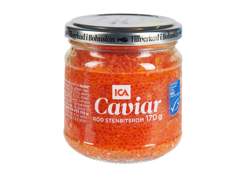 ICA Caviar Röd stenbitsrom 170g, ICA Caviar Röd stenbitsrom ist ein roter, gesalzener Kaviar vom Seehasen.
