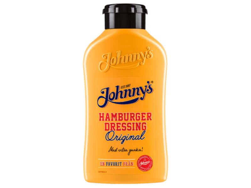 Johnny’s hamburgerdressing original 435g, Einladende gelbe Farbe mit klarem Rotton von Tomaten.
