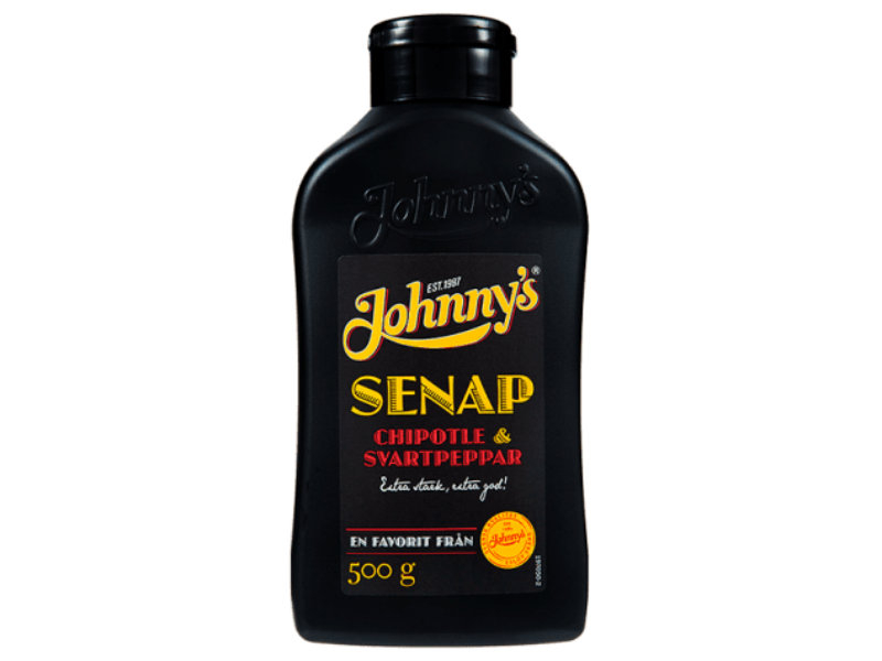 Johnny’s Senap Chipotle & svartpeppar 500g, Die Farbe ist sehr aufregend - in der glänzenden Oberfläche sind schöne rote Streifen aus Chipotle und schwarze Inseln aus schwarzem Pfeffer.