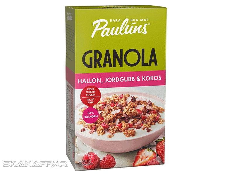 Pauluns Granola Hallon Jordgubb & Kokos 450g, Gutes Essen ist ein solches, wenn es sowohl gut schmeckt, als auch gut für den Körper ist.
