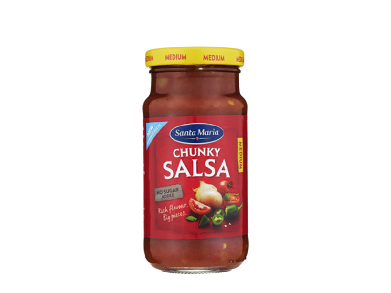Santa Maria Chunky Salsa Medium 230g, Eine moderate, mexikanische Tomatensauce mit Stücken von Tomaten, Chili, Jalapenos und Zwiebeln.