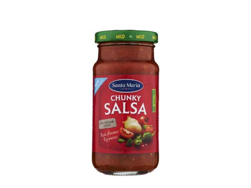 Santa Maria Chunky Salsa Mild 230g, Eine milde, mexikanische Tomatensauce mit Stücken von Tomaten, Chili, Jalapeno und Zwiebeln.