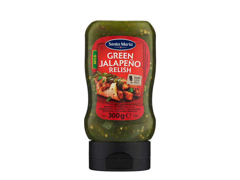 Santa Maria Green Jalapeno Relish Mild 300g, In Green Jalapeño Relish werden grüne Jalapeños, Tomatillos, Paprika, Limettensaft und Koriander verarbeitet..