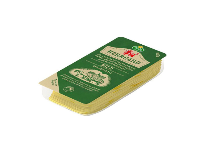 Arla Herrgård® 28% Skivad, 300g, Es ist ein klassischer große runder Käse mit runden Löschern der gewachst ist.