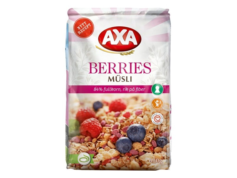 AXA Berries Müsli 600g, Ein knuspriges Beeren-Müsli das Haferpuffer, Himbeeren und Heidelbeeren enthällt.