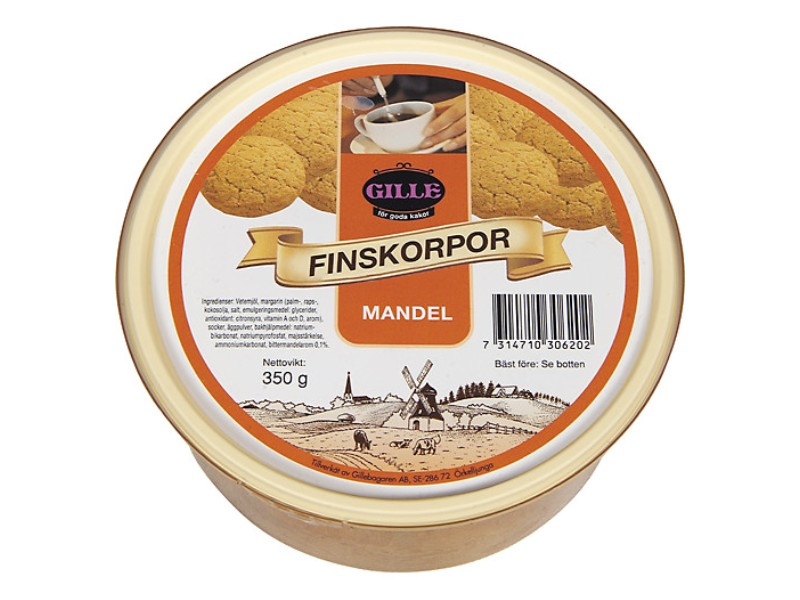 Gille Finskorpor med mandel 350g, Kleine, runde, süße und köstliche Finskorpa mit dem Geschmack und dem Aroma von Mandeln.