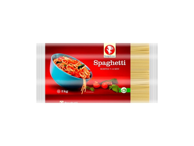 Kungsörnen Spaghetti 2000g, Bis heute gibt es viele Arten von Kungsörnen Nudeln, so z. B. Makkaroni, Spaghetti und schließlich auch Fusilli und Penne.