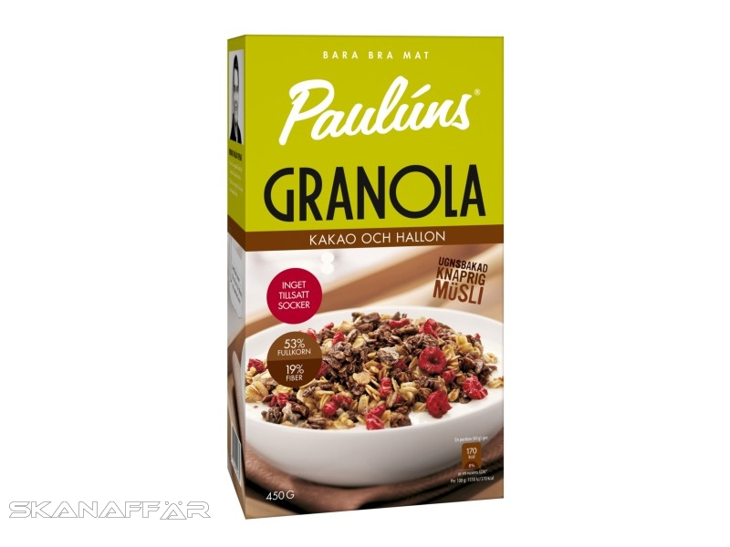 Pauluns Granola Kakao och hallon 450g, Ein im Ofen gebackenes, knuspriges Müsli voller Fasern und Vollkornprodukte.