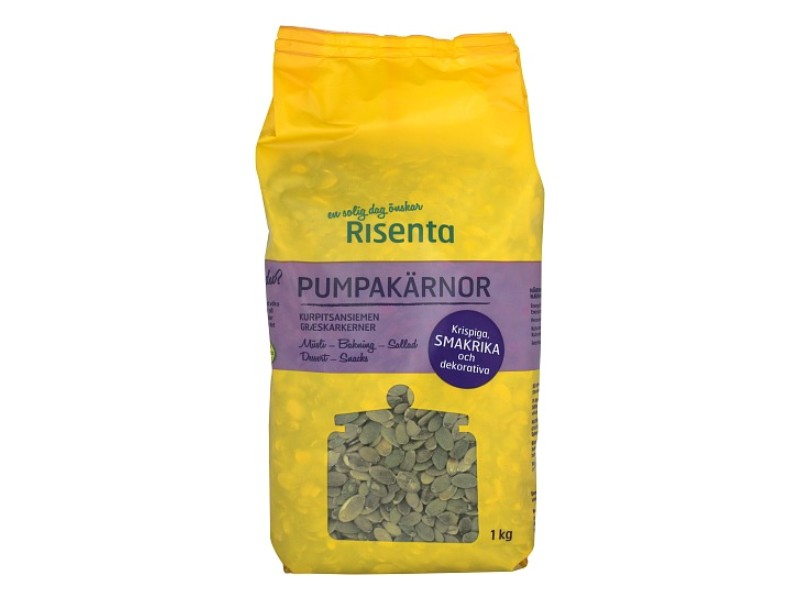 Risenta Pumpakärnor 1000g, Kürbiskerne sind die Samen aus dem Kürbis, sie sind reich an Mineralien beiden und Vitamin E.