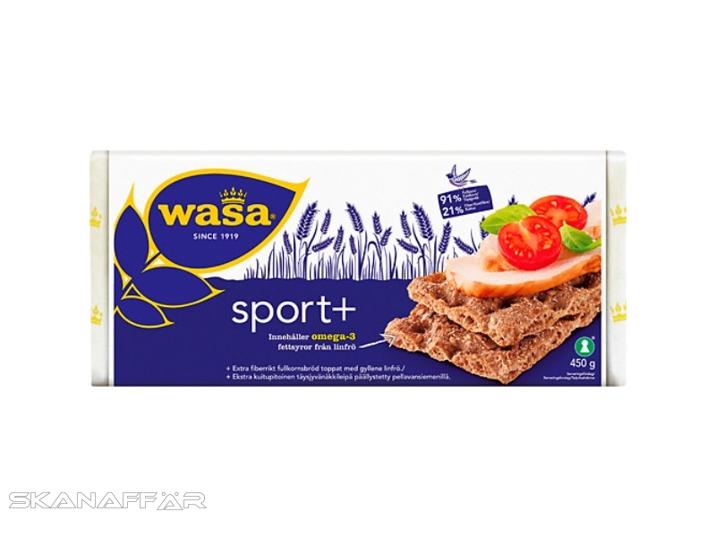 Wasa Sport+, ca. 450g, Sport+ ist ein extrem gutes Brot aus gesundheitlicher Sicht. Es wird aus Vollkorn gebacken und sowohl mit Roggenkleie als auch mit Leinsamen verfeinert.