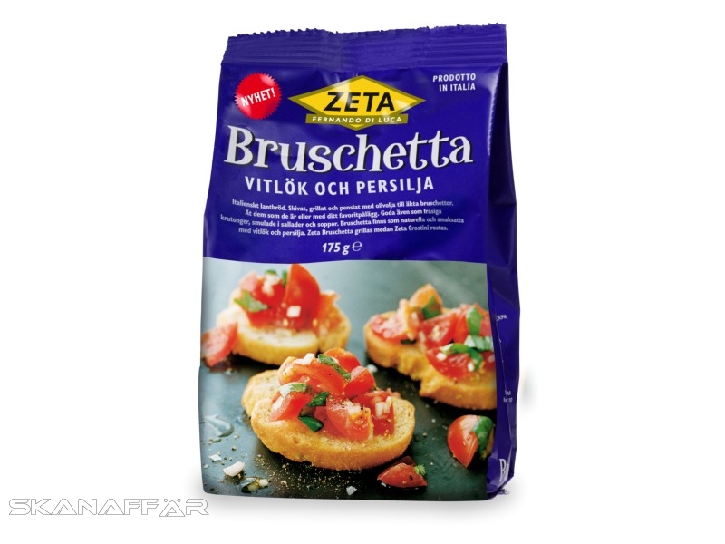Zeta Bruschetta Vitlök 175g, Italienisches Bruschetta, Scheiben Landbrot bepinselt mit Olivenöl und sprode geröstet.