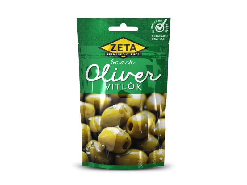 Zeta Snack Oliver Vitlök 70g, Grüne kleine leckere spanische Manzanillaoliver, entsteint und gewürzt mit Knoblauch und ein wenig Thymian.